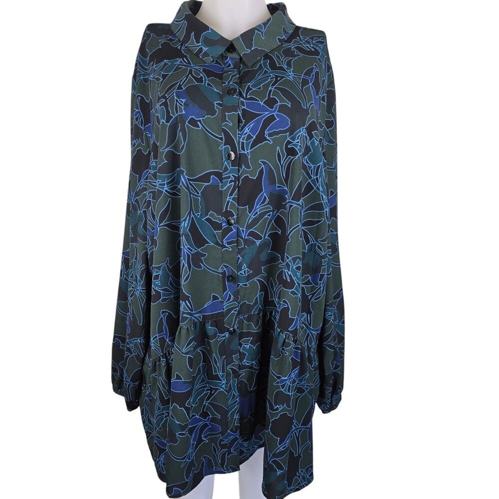 LOGO by Lori Goldstein Hunter Green Blue Floral Leaf Blouse Women's 3X